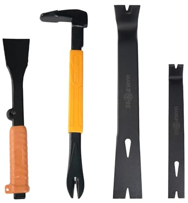 MANUFORE 4pcs Pry Bar Nail Puller Set, 12” Flat Pry Bar, 7.5” Flat Pry Bar, 12” Crow Bar with Hammer, 9” Chisel (Orange)