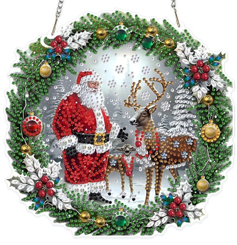 MOGTAA Weihnachten Diamond Painting Anhänger, Hirsch Diamond Painting mit Kette Kinder Erwachsene, Weihnachtsmann Diamant Painting Fensterbilder, Hängende Ornament Bastelset Set für Wand Decor