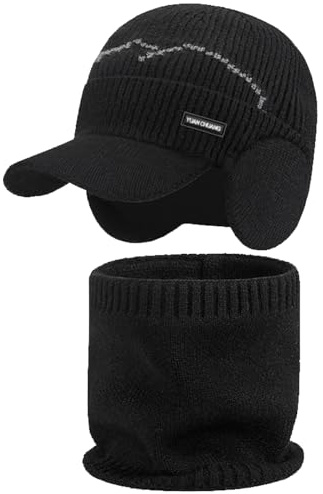 LUKIUP 2PCS Wintermütze Herren Set, mit Ohrenschützern und Schal, Unisex Winddichte Kälteschutz Mütze für Outdoor, Geschenke für Ehemänner, Väter, Männer und Frauen