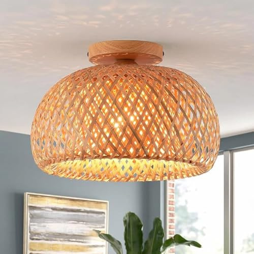 COOINJOY Handgefertigte Bambus Deckenleuchte, Boho Rattan halb Flushmount, Geflochten Wicker Design für Schlafzimmer, Flur und Kinderzimmer, Naturfarben(D30,keine Glühbirne)
