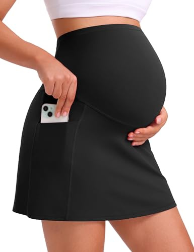 Mama Land Summer Black Maternity Tennis Skirt Pregnancy Yoga Skort with Pockets Soft Over Bump Activewear Maternity Sport Skirts for Golf Gym Exercise Pregnancy Skirt Pregnancy Yoga Dress (Black L)