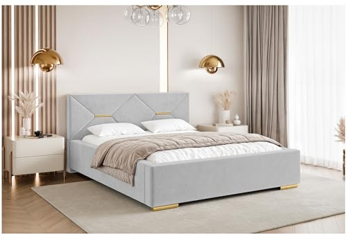 MEBLINI Lizzy Polsterbett 160x200 mit Stauraum - Lattenrost und Bettkasten - Kopfteil Bett mit Stauraum - Doppelbett - Stauraumbett - Betten - 160x200 - Hellgrau Samt ohne Matratze