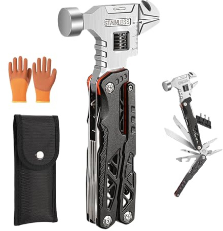 Multioutil 18 en 1 avec Scie et Marteau de Camping, Acier Inoxydable, Pince Pliable, Couteau et Outils pour Outdoor, Randonnée et Survie (A)