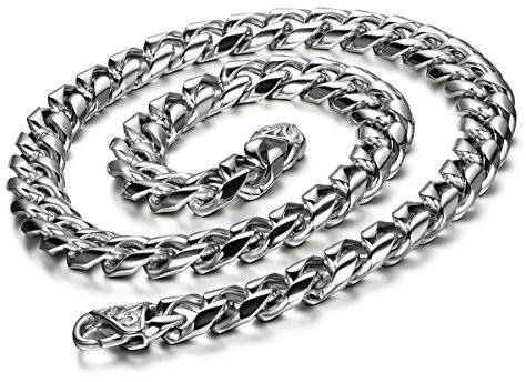 Cupimatch Herren Edelstahl Halskette, 8mm Biker Große Breite Panzerkette Hochglanz Poliert Rock mit Lily Muster Schnalle Fahrradkette Motorradkette Herrenkette, silber