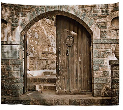 A.Monamour Wandteppiche Kremaston Kloster In Kreta Griechenland Ziegelsteinmauer Holztür Architektur Drucken Textilgewebe Wandbehang Tapisserie Strand Werfen Picknickdecken Fenster Vorhänge 203X153Cm