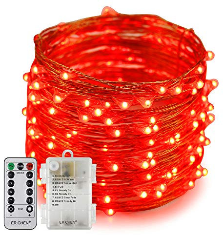Erchen, stringa di luci LED a batteria, dimmerabile, 200 LED, ultra sottile, impermeabile, 8 modalità, timer, filo di rame, con telecomando a 13 tasti, per interni ed esterni, feste di Natale (rosso)