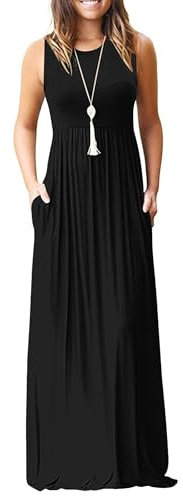 AUSELILY Damen Sommer Ärmelloses Lockeres Maxikleid Lässiges Langes Kleid mit Taschen Schwarz XL