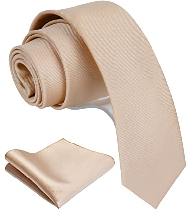 Gusleson 2.4 Solid Tan Champagne Slim Tie For Men Skinny Necktie and Pocket Square Accessories Set (UK0754-09)