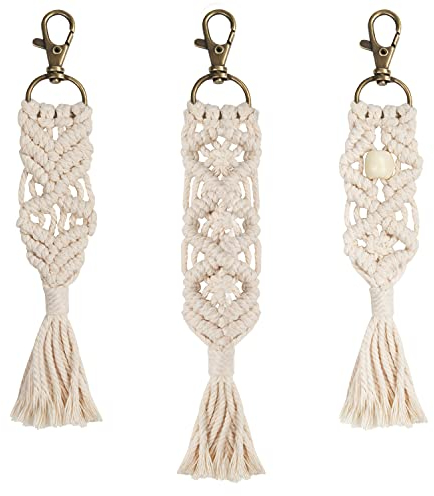 BELLE VOUS Mini Makramee Schlüsselanhänger für Tasche (3er Pack) - 3 Designs - Einzigartige Handgefertigte Boho Schlüsselanhänger mit Gewebten Quasten für Schlüssel - Deko für Telefon und Geldbörse
