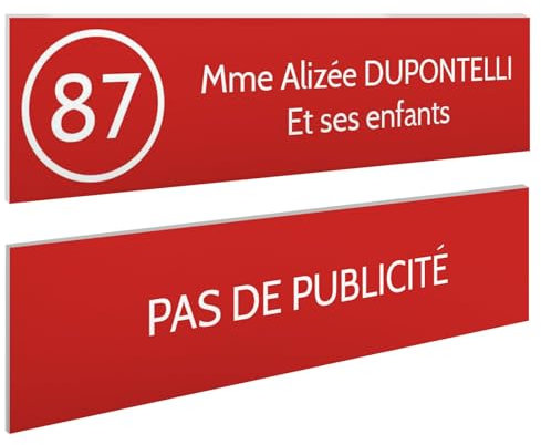 DECOHO - Plaque Boite aux Lettres Personnalisable - Lot de 2 plaques adhésives PMMA Rouge et Blanc - Format 100x25 mm - Gravure Laser pré - Rouge
