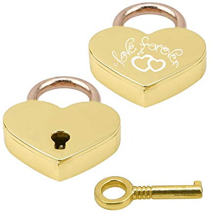 Liebesschloss,Herz Schloss mit Gravur und Schlüssel Liebes-Schloss Herzschloss Herz-Schloss Vorhängeschloss für Gepäck Handtasche Tagebuch Valentinstag Frau Mädchen Geschenk Damengeschenk Golden