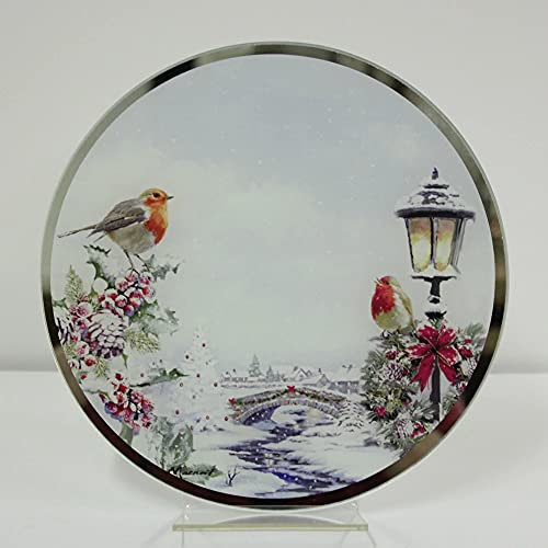 MacNeil Christmas Robins Glass Candle Plate Large 20cms