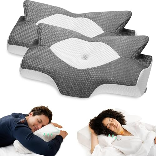 Elviros Orthopädisches Kissen aus Memory Foam, Seitenschläferkissen Nackenstützkissen, Kopfkissen Nackenschmerzen, Ergonomisches Schlafkissen, 64 x 12,5/10,5 x 38cm 2er Set