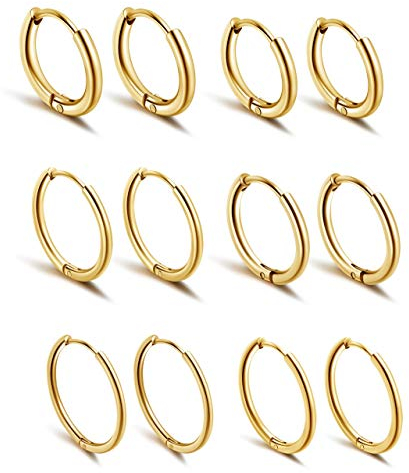 JSDDE 12 Stücke Chirurgenstahl Creolen Ohrringe Set Klappcreolen Fake Plugs Ohrpiercing Helix Knorpel Stab Hoop Ring Ohrstecker Huggie Kreolen Ohrringe 6-16mm (Gold)