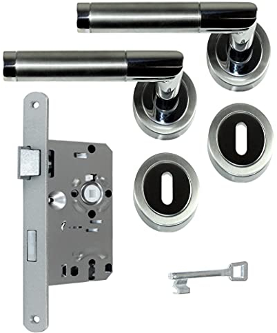 SN-TEC Zimmertür Komplett Set, Design Rosetten Beschlag L-Form (beidseitig Drücker) + Buntbart BB Schloss incl. Schlüssel (DIN Links)