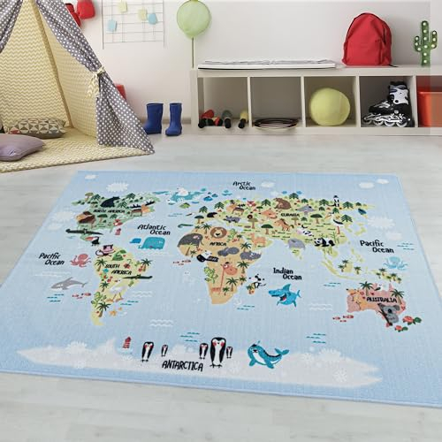 Kinderteppiche für Kinder Weltkarte Tiere Spielteppich Waschbar Jungen & Mädchen Teppich für Kinderzimmer Babyzimmer Spielzimmer Rechteckig Teppich in Farbe: Blau, Grösse: 160 x 230 cm