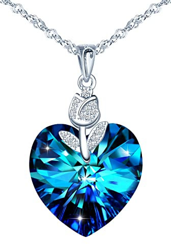 INFINIONLY Collare de cristal de corazón para mujer y niña, Collar de plata 925, Colgante de cristal de corazón del océano, con mini flor de rosa elegante, circón, con cadena de 45cm, océano azul