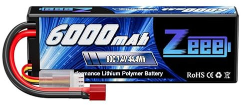 Zeee 2S Lipo Battery 6000mAh 7.4V 80C Hard case Battery with T Plug for 1/8 and 1/10 RC Vehicles Car RC Buggy Truggy RC Airplane UAV Drone FPV