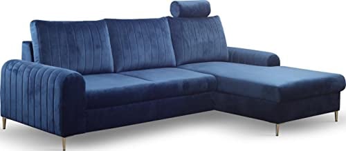 WFL GROUP Ecksofa Schlafsofa mit Bettkasten - Sofa Couch Ecksofa mit Schlaffunktion Bettfunktion L-Form mit Ottomane - Rechts - Dunkelblau