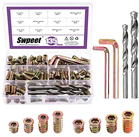 Swpeet 135Pcs 1/4 + 5/16 Kohlenstoffstahl Farbe verzinkt Holz Inserts und 9mm 11mm Spiralbohrer mit 2Pcs M6 M8 Schraubenschlüssel Kit, Bolzen Möbel Schraube in Mutter Gewinde Verbindungselement