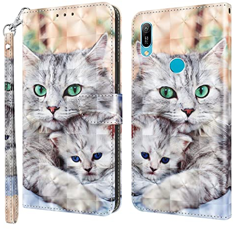 GLANDOTU Lederhülle für Huawei Y6 2019 Hülle, Flip Wallet klappbar Handyhülle Multi-Muster Leder Tasche Kartensteckplätzen Case Schutzhülle für Huawei Y6 2019 Hülle -Zwei Katzen