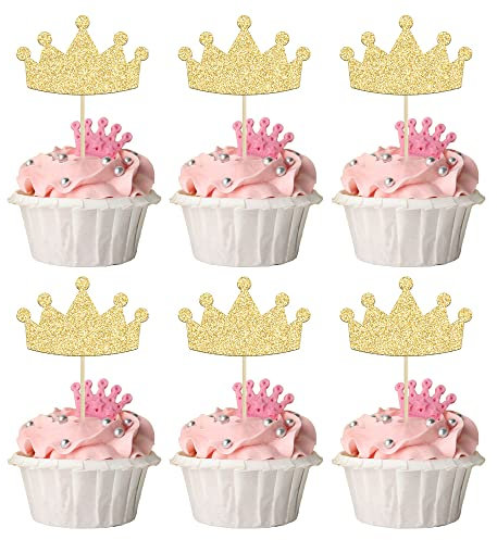 24 Stück Krone Cupcake Topper Glitzer Königin Krone Cupcake Picks für Königin Prinzessin Thema Babyparty Mädchen Hochzeit Geburtstag Party Kuchen Dekorationen Zubehör Gold