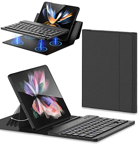 Leather Case for Samsung Z Fold 4 with Keyboard Holster, Portable Folding Bluetooth Keyboard, QWERTY Layout, Kickstand Keyboard Cover for Z Fold 3/Fold 2 (Carbon Fiber-01)