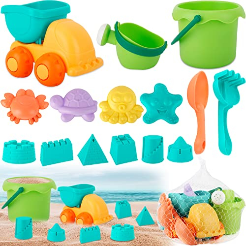 AOUVT 16 Pièces Ensemble de Jouets de Plage,Jouets de Plage avec Seau, Voiture de Plage,Modèle de Sable,Jouets de Plage Modèle de Plage Sea Life,Jouets D'été pour Garçons et Filles