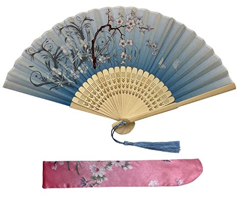 Kibon Folding Fans, Handheld Fans, Hand Fans, Bamboo Fans with Tassel for Birthday Gifts Dancing Cosplay Wedding Party Props Decoration (blue 1 pcs)