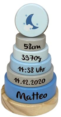 KIDSLINO Geburtsgeschenk Stapelturm Mond blau I Geschenk zur Geburt I Graviert I Stapelturm mit Namen & Geburtsdaten I Personalisierte Babygeschenke