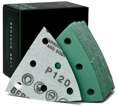Serious Grit Feuilles triangulaires à 6 trous 3,5 (93mm), compatibles avec les disques abrasifs auto-agrippants Festool Rotex RO 90 Delta Saper pour ponceuses de détailBoîte de 50 paquets, grain 120