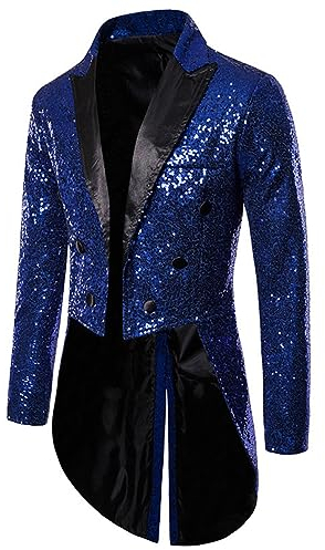 Alvivi Herren Zirkus Kostüm Zirkusdirektor Uniform Pailletten Frack Jacke Mantel Glitzer Blazer Show Tanzkostüm Mottoparty Outfits Blau M
