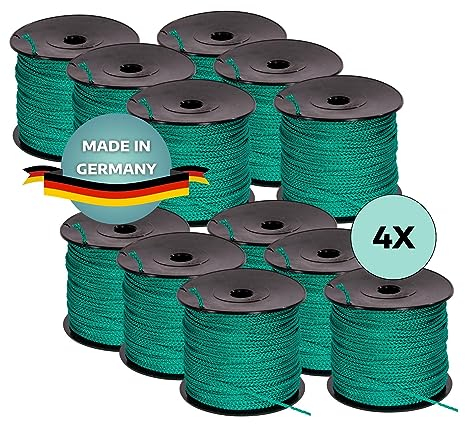 AWOTEX Pflasterschnur Grün 2,00 mm I 4 Rollen à 100 Meter I Richtschnur für Pflastern I langlebig & reißfest I Polypropylen Bauschnur auf PVC Rolle I Maurerschnur für Wasserwaage