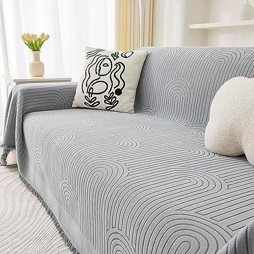 Mesnt Sofabezug 4 Sitzer Big Sofa, Chenille Sofaüberwurf Decke Couch Kreislinienmuster einfarbig mit kurzer Quaste Grau, 180x420CM