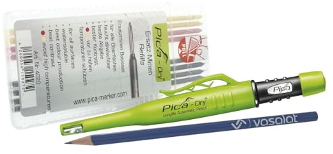 Pica Tieflochmarker - Pica-Set - Dry Longlife Stift 3030 mit 8 Ersatzminen graphit 2B/gelb/rot