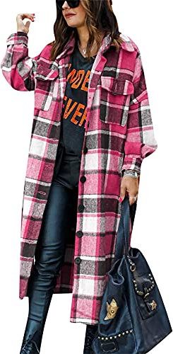 YMING Femmes Boutonné Plus Size Manteau Élégant Plaid Court Haut Loose Revers Manches Longues Manteau Rose Rouge S