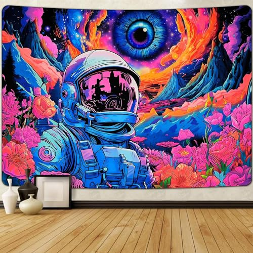 FENDROM Blacklight Astronaut Tapestry Hippie Eyes UV Reactive Flowers Plants Neon Galaxy Space Wall Hanging for Bedroom 79ʺL × 59ʺW