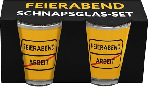 GRUSS & CO Schnapsglas-Set mit Motivdruck Feierabend | Geschenkset bestehend aus 2 Schnapsgläsern, je Glas 6 cl, mit farbigem Druck | lustiges Geschenk, Männergeschenk | 48922