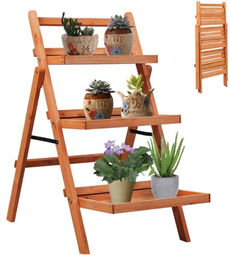 TANGZON 3 Tier Foldable Plant Stand, Wooden Ladder Plant Shelf Holder, Indoor Outdoor Corner Flower Pot Display Rack Shelving Unit for Garden Patio Balcony Living Room Office (Fir Wood, Natural)