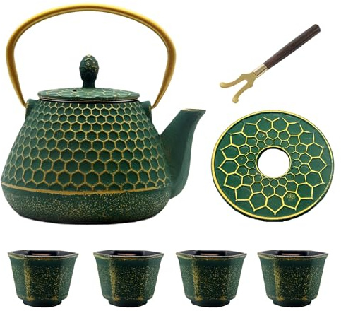 YJX Cast Iron Teapot and Cups Set, 33.8oz Hexagon Pattern Tea Pot Enameled Interior, Tea Kettle for Stovetop, Japanese Teapot Set with Teacups for Adults, Green Kettle with Infuser for Loose Leaf