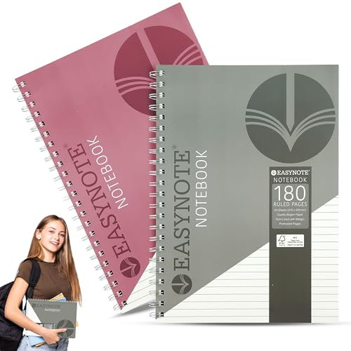 HOVUK 2PCs Twin-Wired Notebook Journals with Fient Lines, 80gsm Easy Tear-Out Pages A4 Notebook, Red and Grey Pre-Perforated Notebooks for Filing, Size 30cm