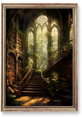 Dark Library Wandkunst, Gothic, viktorianisches Gemälde, dunkle Akademie, Leinwandkunst, Vintage-Bibliotheksbild, mittelalterliches Schloss, Poster, verlassene Bibliothek, Wandkunst, Vintage,