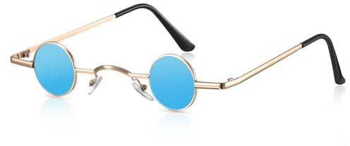 Photect Vintage Sonnenbrille mit Rundem Metall Rahmen Retro Brille mit Kleinem Kreis Hippie Ovale Sonnenbrille für Männer Frauen (Schwarz) (Gold, Blau)