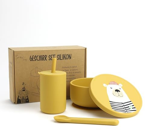 So&So Juego de vajilla de silicona para niños, vajilla infantil, cuenco con ventosa antideslizante, tapa y cuchara, vaso con tapa y pajita (salsas para barbacoa amarillas con oso)