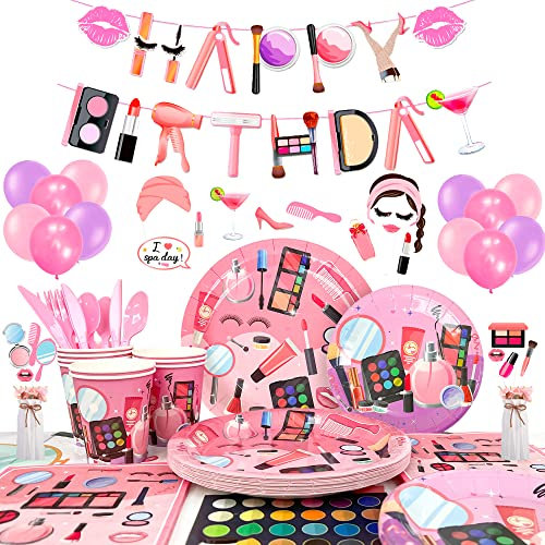 Spa Makeup Birthday Party Supplies Decorations,For 16 Spa Party Supplies Set-Makeup Party Plates Cups Napkins Tablecloth&Spa Theme Photo Props Balloons etc Pamper Decorations for Girl Kids