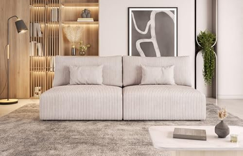Moderno Sofa mit Schlaffunktion Modulo - Modern Cord Sofa mit 2 Sitzen und Robusten Überzug - Modular Schlafcouch - Couch mit Bettzeugcontainern - 210x80x108 cm - Creme