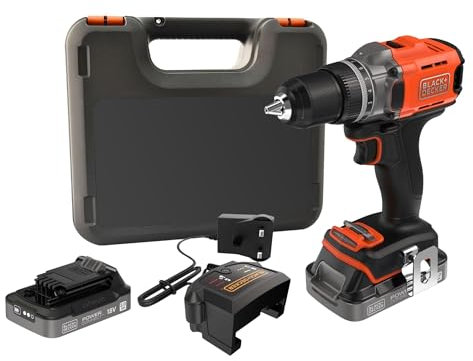 BLACK+DECKER 18V Cordless Drill Driver, 45Nm Max Torque, 2 x 2.0Ah Batteries, 1A Charger & Kitbox, BCD382D2XK-GB