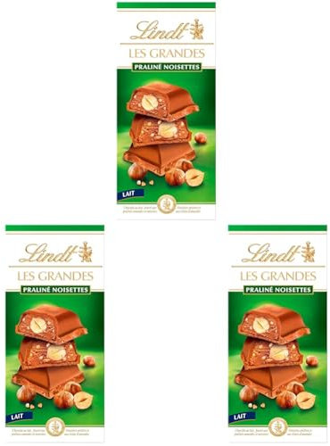 Lindt - Tablette Pralinés Noisettes LES GRANDES - Chocolat au Lait - 225g (Lot de 3)