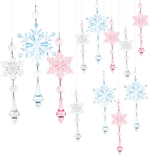 SOFPLATE 9Pcs 9 Styles Crystal Snowflakes Hanging Ornaments Acrylic Snowflake Ornaments Clear Pink Blue Christmas Tree Crystal Snowflakes Decoration for Home Decor Holiday Party Wedding Celebration