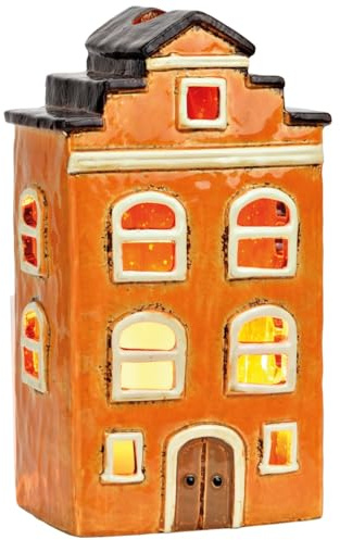 Windlicht Nostalgie Dekohaus aus Steingut als Weihnachtsdeko - Orange Lichthaus 13 x 22 cm Kerzenhalter für Weihnachten & Herbst - Lichterhaus Teelichthalter als Tischdeko, Fensterbank & Winterdeko